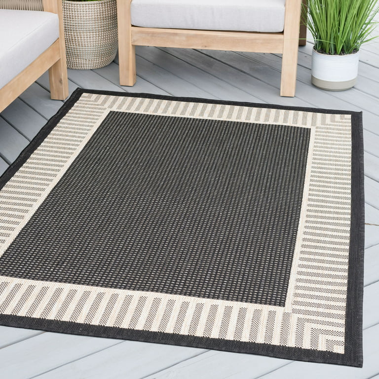 Bliss Rugs Transitional 5x8 Area Rug (5'3'' x 7'3'') Striped Border Black, Cream Indoor Outdoor Rectangle Easy to Clean