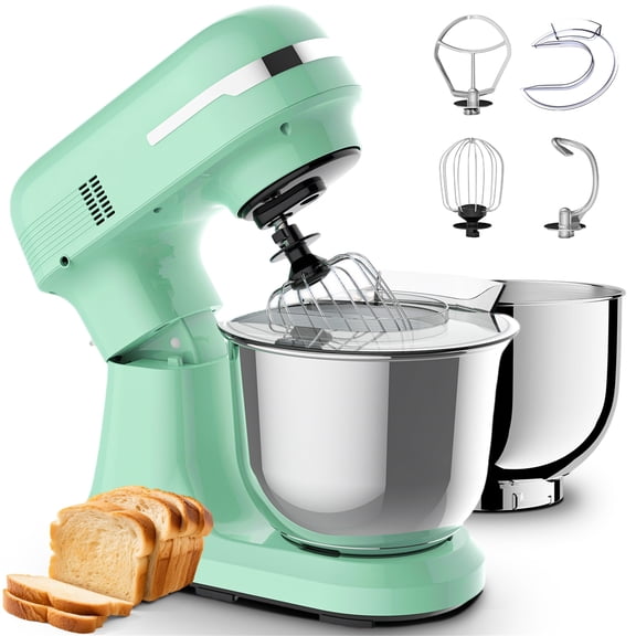 12‑Speed Tilt‑Head Electric Stand Mixer, 350W Kitchen Food Mixer with 5.5QT & 4.5QT Dishwasher‑Safe Dual Stainless Steel Bowls, Dough Hook, Flat Beater, Whisk & Splash Guard, Mint Green