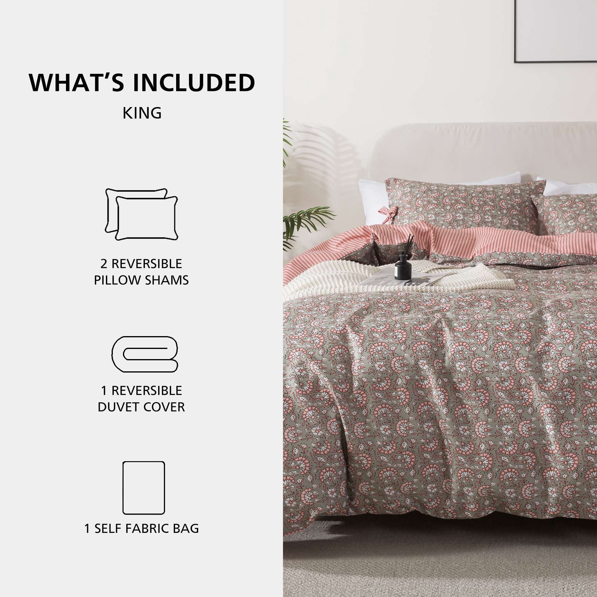 Mainstays King Duvet Cover Set, Reversible All-Season, 3-Piece, Green Floral