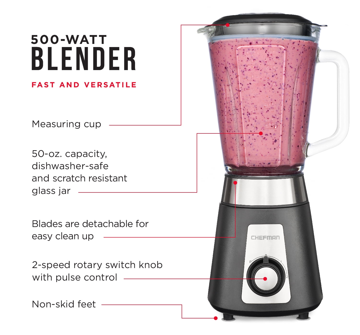 Chefman Two Speed Blender with Glass Jar, Stainless Steel