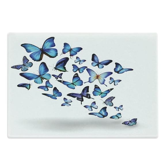 Butterflies Cutting Board, Group of Flying Butterflies Natural Botanic Parks Springtime, Decorative Tempered Glass Cutting and Serving Board, Large Size, Blue Sky Blue Black, by Ambesonne