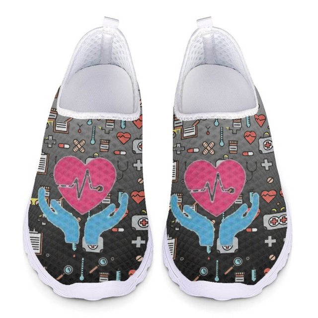 Zapatos casuales sin cordones con estampado de latidos del corazón para mujer, calzado plano ligero y antideslizante, zapatillas de deporte de malla cómodas para verano
