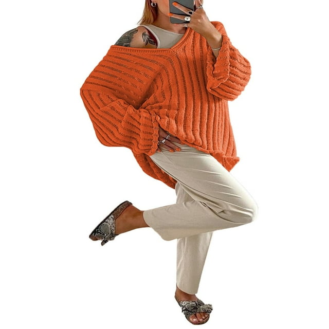 Womens Autumn Loose Knitwear Solid Color Knitting Ribbed Long Sleeve V-Neck Stylish Casual Sweater Tops