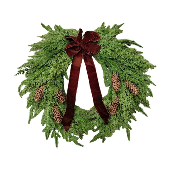 Norfolk Pine Wreath with Red Bow for Front Door, Real Touch Norfolk Pine Wreath Artificial Green Wreath Greenery Realistic Wreath Holiday Decoration for Home Decor