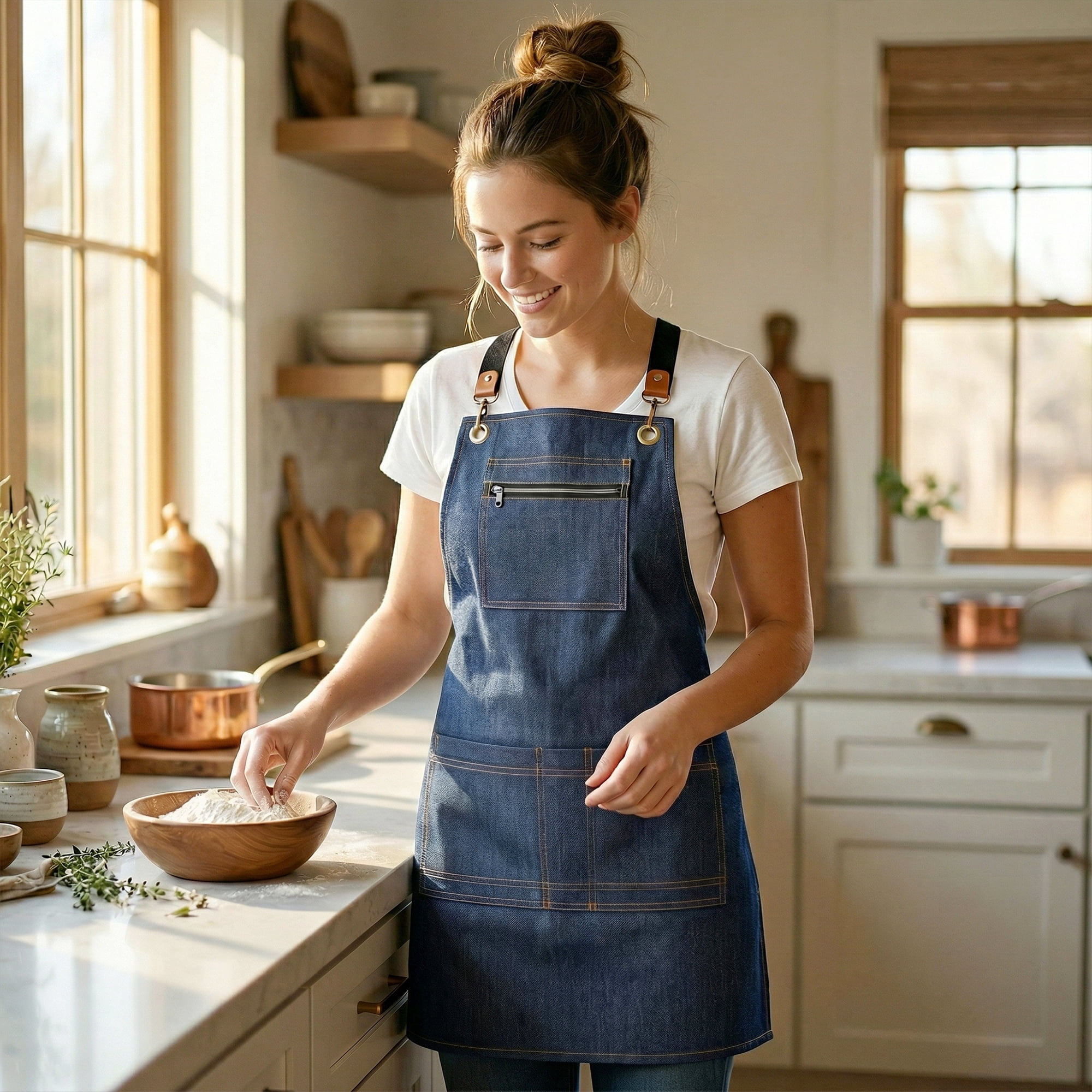 Unique Bargains Aprons with Pockets Adjustable Long Waist Cooking Apron Durable Blue