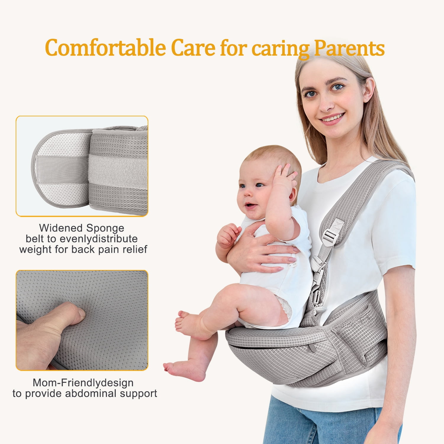Baby Hip Carrier - Hip Carrier for Baby with Baby Safety Strap - Toddler Carrier 7-45 lbs - Ergonomic Infant Holder Baby Carrier with Hip Seat Large Capacity Pockets