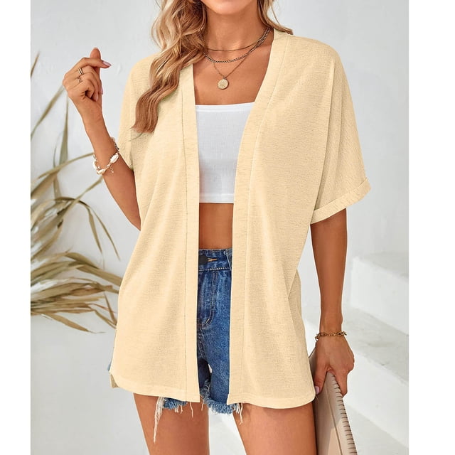 Jsaierl Womens Solid Color Open Front Cardigans Half Sleeve Side Split Tops Classic Loose Lightweight Tees