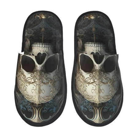

Fuzoiu Gold Pattern Skull Print Unisex Furry Slippers Plush Indoor Shoes Trendy House Slippers Anti-Skid EVA Sole House Shoes for Home Office and Travel -Medium