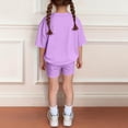thumbnail image 5 of CPNG Girls Two Piece Sets Kids Solid Color Round-Necked Short Sleeve T-shirt and Elastic Waist Tight Shorts Summer Outfits(Light Violet,7-8 Years), 5 of 6