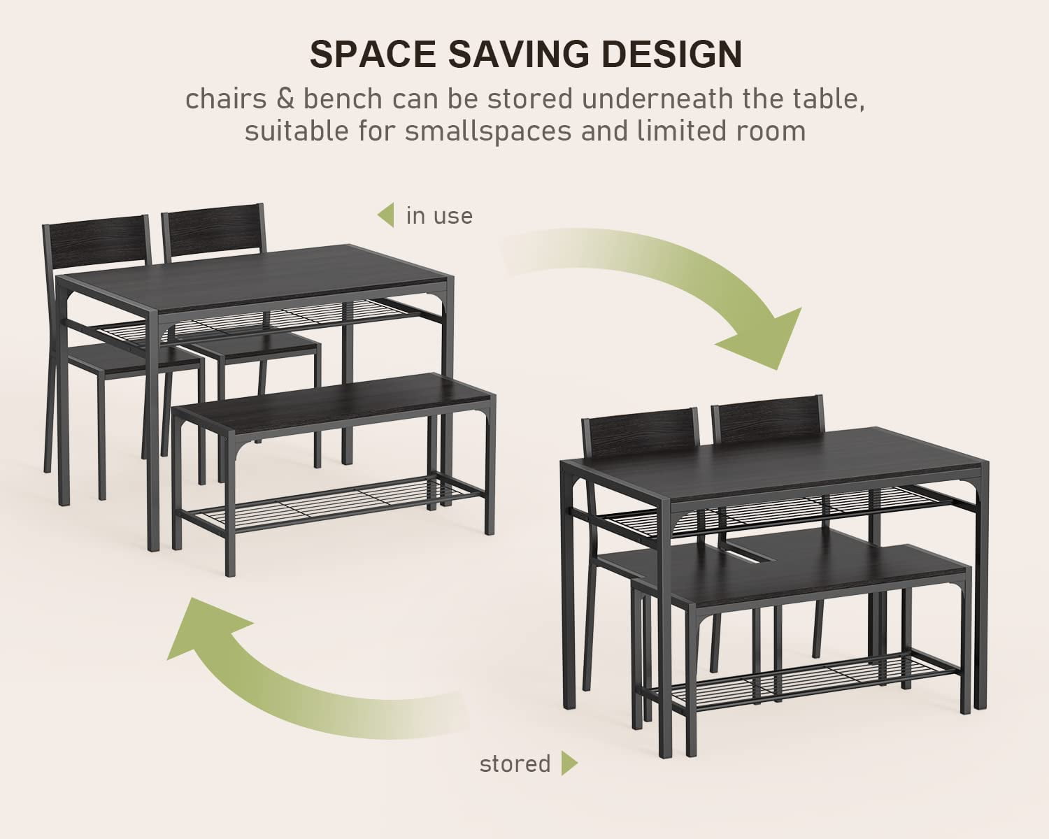 Dining Table Set for 4, Lofka Wooden Kitchen Table Set with Bench and 2 Chairs for Small Space | Dining Room, Black