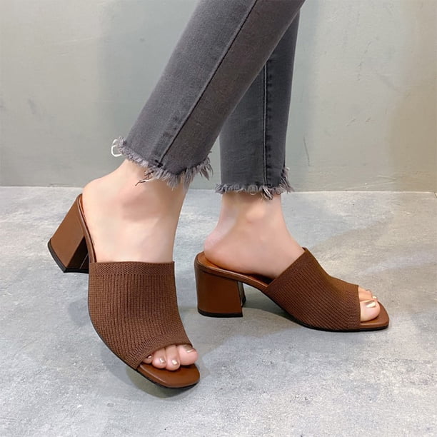 Sandalias de tacón grueso de bloque bajo de punto Zapatos de tacón de vestir Sandalias de tacón para mujer