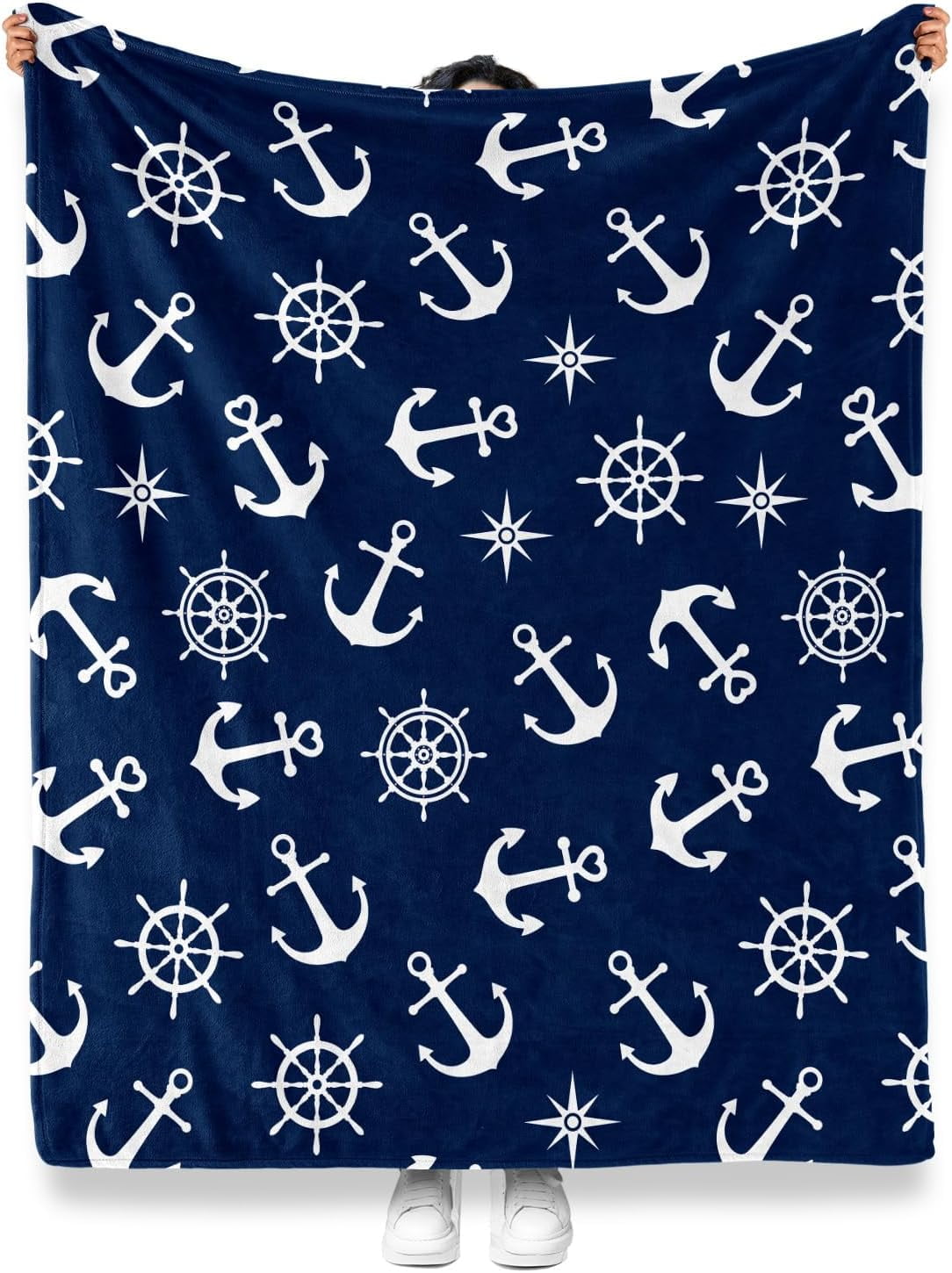 Nautical Anchor Blanket Gifts for Men Women Boaters Sailors Birthday Christmas for Dad Husband Son Fathers Day Presents Sea Ocean Boat Steering Wheel Theme Navy Throw Blankets Dark Blue