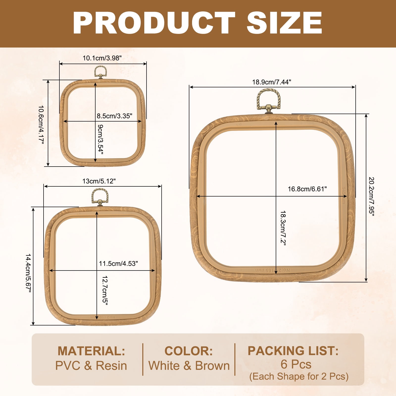 6 Pcs 3.98 x 4.17 - 7.44 x 7.95 Inch Embroidery Hoop Frame, Imitated Wood Square Cross Stitch Hoops with Metal Ring for Embroidery DIY Art Craft Sewing Wall Decor, White & Brown