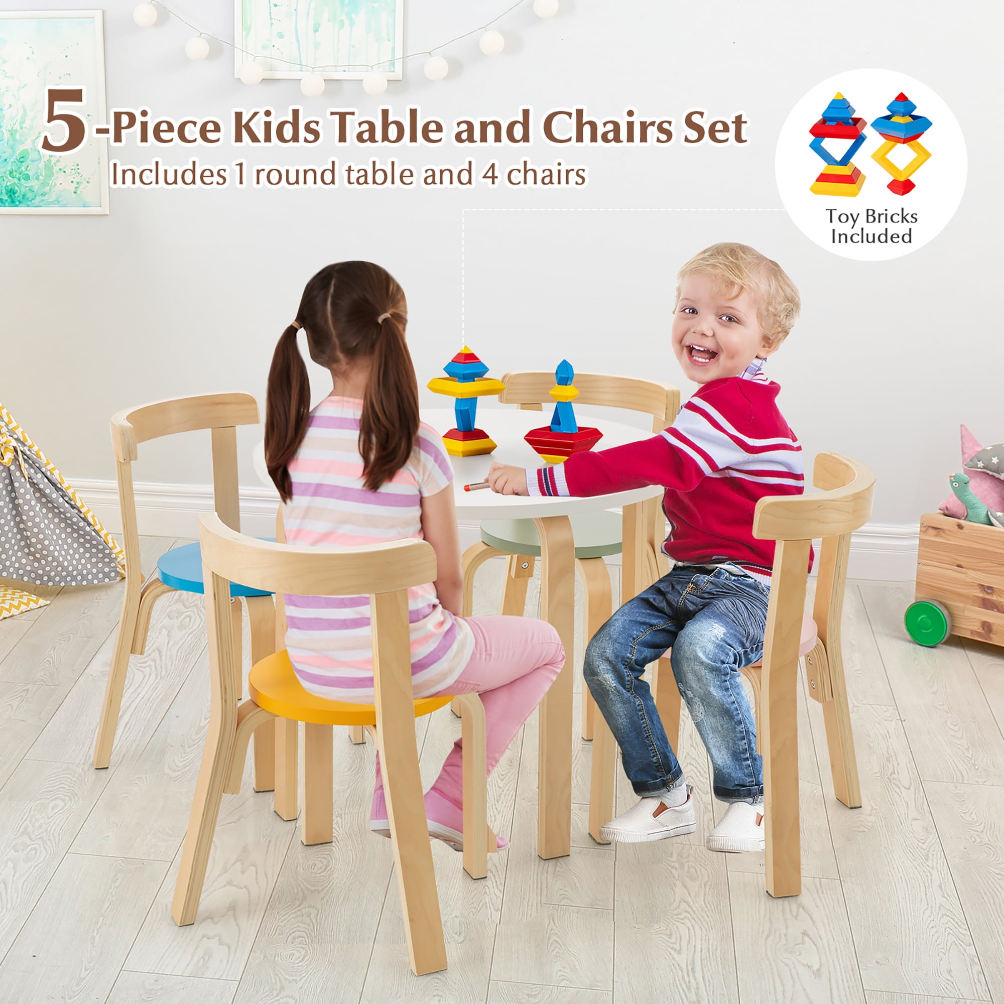 Gymax 5-Piece Kids Wooden Curved Back Activity Table & Chair Set w/Toy Bricks Assorted