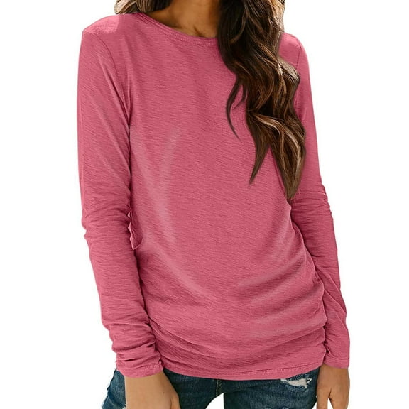 Casual Tops for Women Crew Neck Long Sleeve Shirt Loose Basic Tee Trendy Blouse Bright Pink S