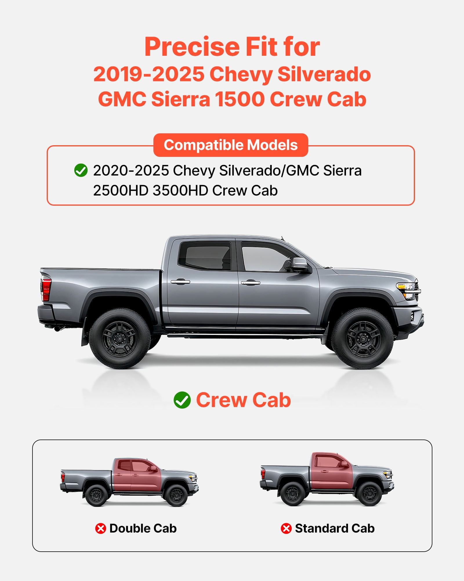 VEVOR Running Boards,6 Inches Side Steps Compatible with 2019-2025 Chevy Silverado/GMC Sierra 1500 Crew Cab,2020-2025 Chevy Silverado/GMC Sierra 2500HD 3500HD Crew Cab,Black Carbon Steel Nerf Bars
