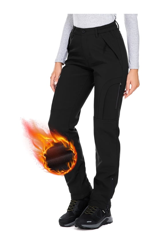 Women's Fleece Lined Snow Pants Water Repellent Insulated Softshell Pants Outdoor Snow Ski Pant Winter Warm Hiking Trousers Black