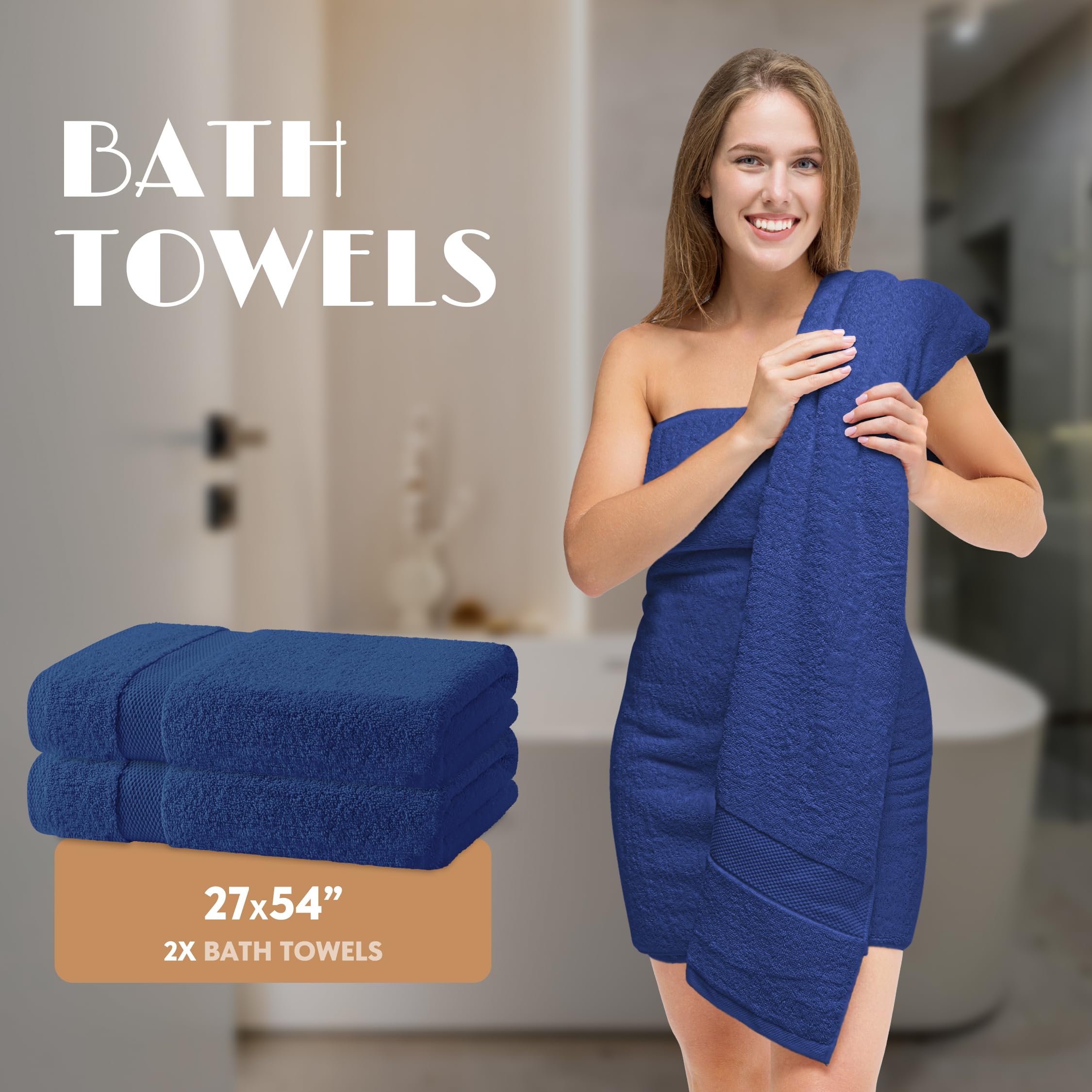 White Classic Navy Blue Bath Towel Set of 6 - 100% Cotton Highly Absorbent Towels for Bathroom, 2 Luxury Bath Towels 650GSM, 2 Hand Towels, 2 Washcloths
