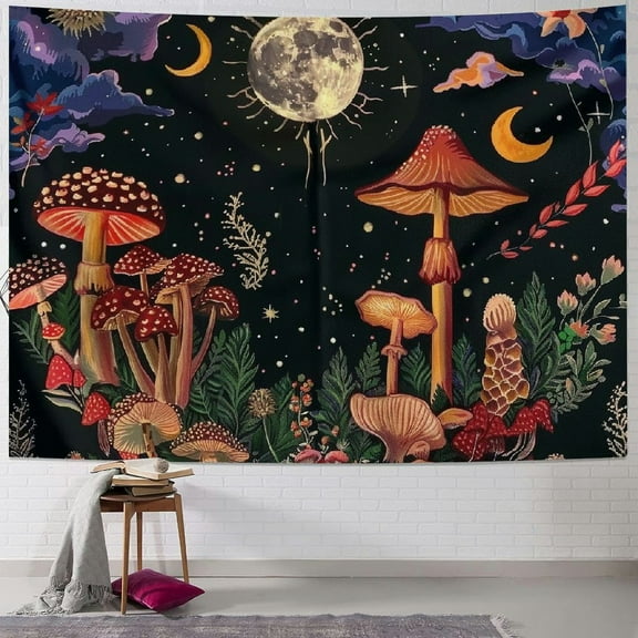 Creowell  Nature Plant Mushroom Tapestry, Moon Phase Tapestries Aesthetic Flower Decor Wall Hanging for Bedroom Home Dorm (Colorful Mushroom) 40x30inch