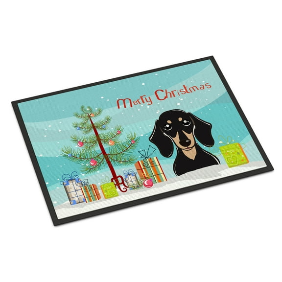 Caroline's Treasures BB1587JMAT Christmas Tree and Smooth Black and Tan Dachshund Door Mat, Indoor Rug or Outdoor