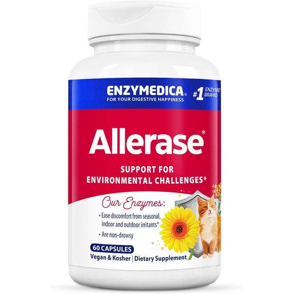 Enzymedica, Allerase, Non-Drowsy Enzyme Supplement to Help Relieve Seasonal Mucus Buildup, Vegan, Kosher, 60 capsules (60 servings)