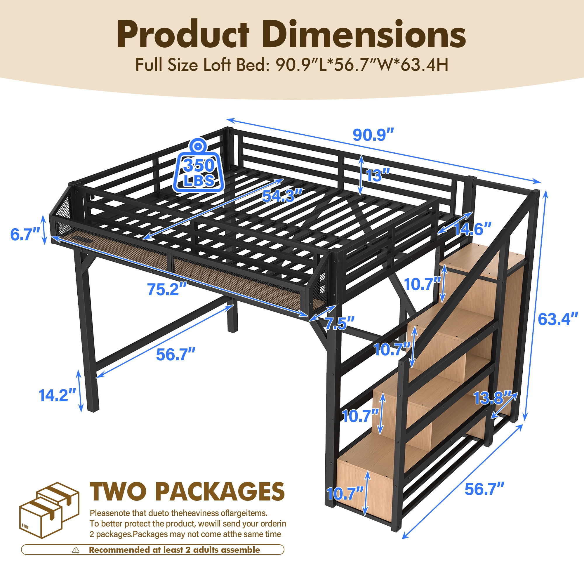 Aukfa Full Metal Loft Bed with Storage Stairs, Shelves, Wardrobe, USB Ports & LED Lights, Heavy-Duty Bed Frame for Teens, Kids & Adults, Black