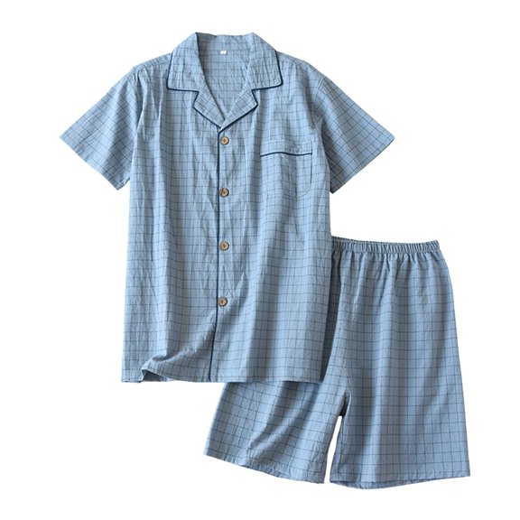 Puliio Men's Summer Plaid Print Pajamas Set Short Sleeve Button Top & Shorts With Pockets Nightwear Sets 2-Piece