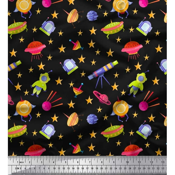 Soimoi Crepe Silk Fabric Spaceship,Star & Telescope Cartoon Fabric Prints by Yard 42 Inch Wide