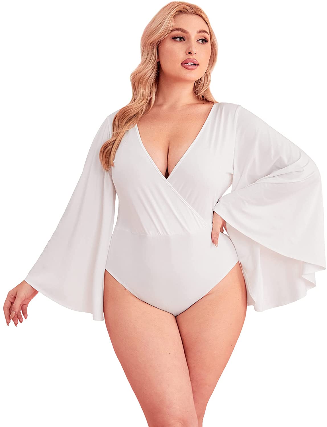 SheIn Women's Plus Plain Deep V Neck Long Bell Sleeve Bodysuit Flare Sleeve  Top - Walmart.com