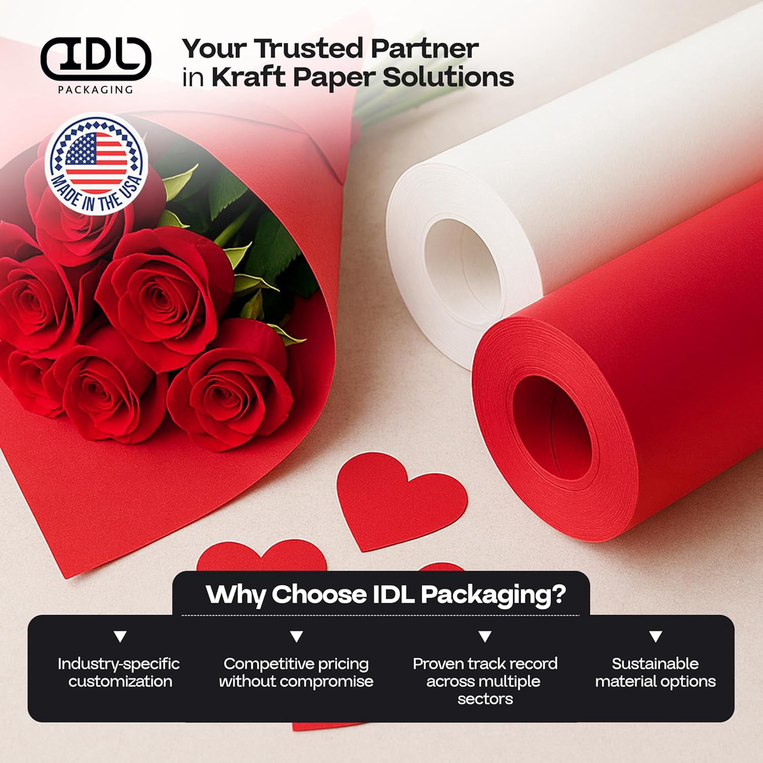 IDL Packaging Romantic Valentine’s Day Gift Wrapping Paper, Set of 2 Rolls, 36"x1200" (100 feet) - USA-Made Elegant Kraft Paper Rolls