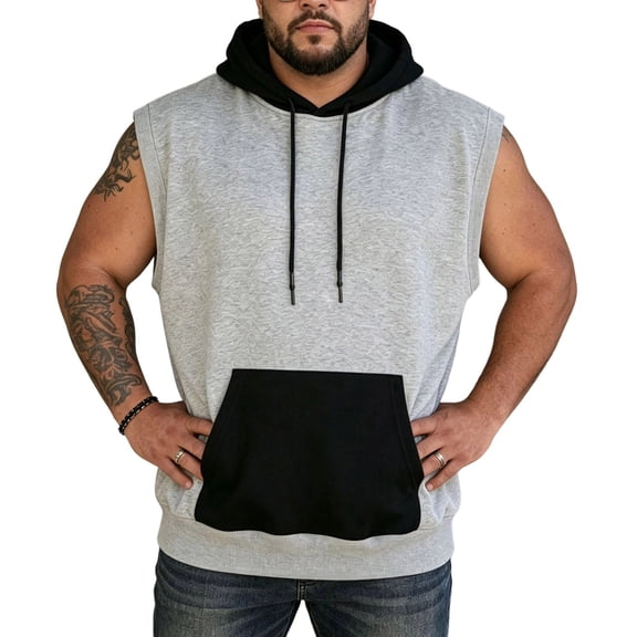 Men's Oversized Cotton Sleeveless Hoodie, Elastic Stretchy Fabric with Drawstring and Kangaroo Pocket, Cut off Shirt Sleeveless Pullover, Perfect for Plus Size Comfort and Stylish Layering, Big and T