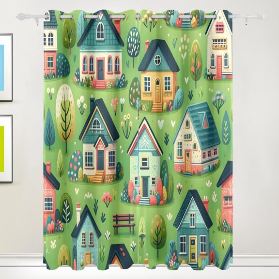 Cute Houses Black Out Curtains 72 Inch Length Curtains for Sliding Glass Doors Bedroom Living Room 2 Pack