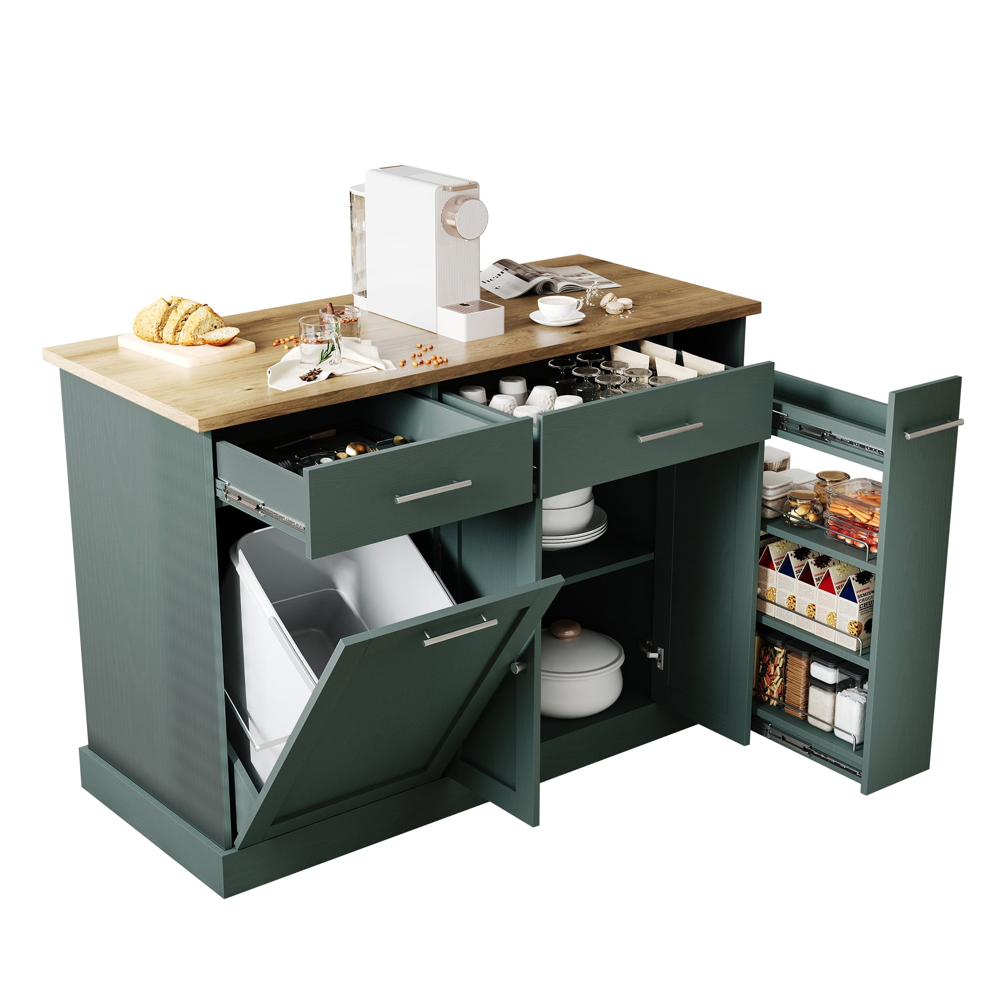4 EVER WINNER 53" Rolling Kitchen Island on Wheels, Mobile Kitchen Cart with Trash Can Storage, 3-Tier Spice Rack & Adjustable Shelves, Kitchen Island Table for Versatile Kitchen Storage, Deep Green