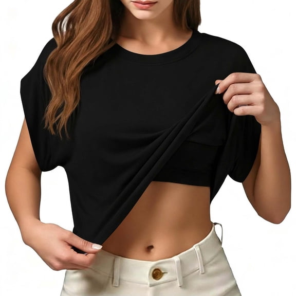 BOOMNY Women's Short Sleeve T Shirts With Built In Bra Solid Color Loose Summer Tees for Women
