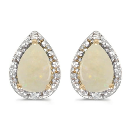 14k Yellow Gold .42 ct Pear Shaped Opal 6x4mm Gemstone Teardrop .02 ct Diamond Accented Stud Earrings for (Best Way For Pear Shaped To Lose Weight)
