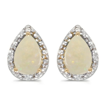 14k Yellow Gold .42 ct Pear Shaped Opal 6x4mm Gemstone Teardrop .02 ct Diamond Accented Stud Earrings for (Best Way For Pear Shaped To Lose Weight)