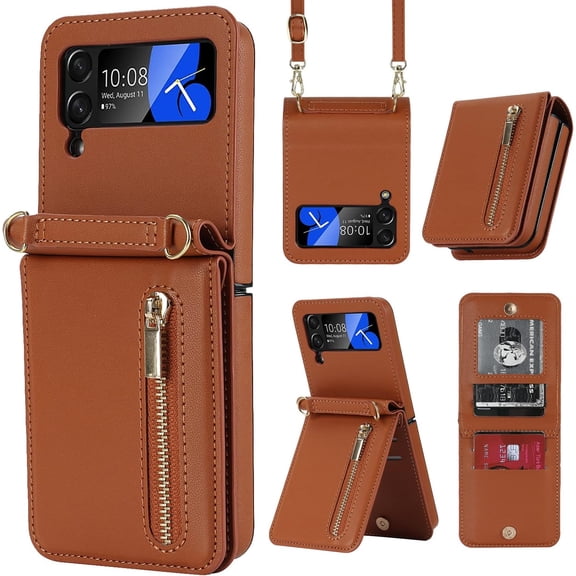 Phone Case for Samsung Galaxy Z Flip 3 5G 2021 Wallet Cover with Credit Card Holder Zipper Slot Crossbody Strap Lanyard Leather Stand Cell Accessories ZFlip3 Z3 Flip3 3Z Women Girls Brown