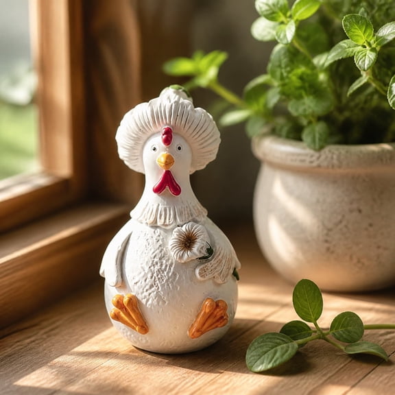 Chicken with Flower Figurine, Farmhouse Decorative Statue, Cute Animal Ornament for Home, Rustic Rooster Sculpture for Kitchen, Country Style Desk Decor​