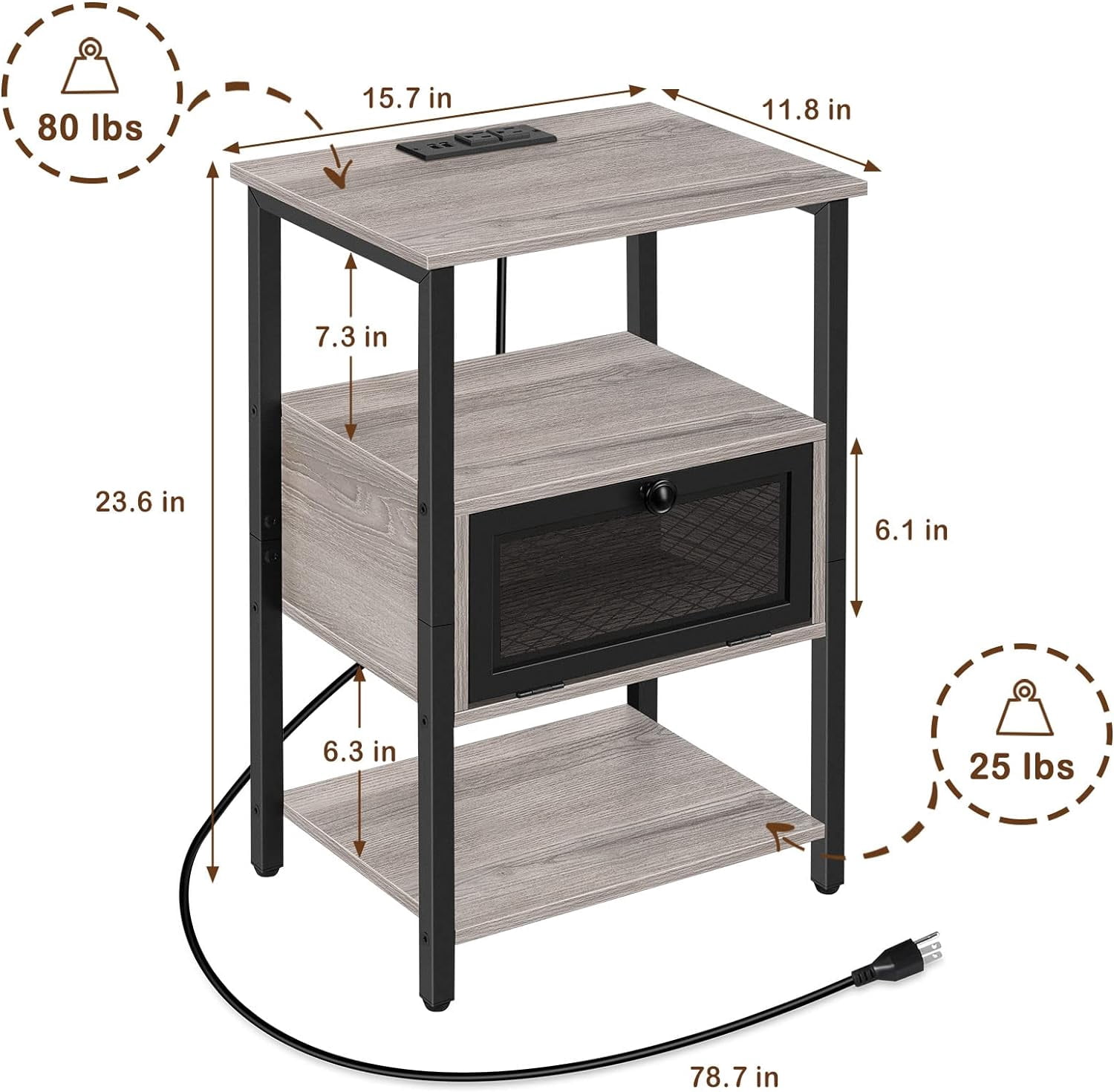 Nightstand with Charging Drawer Side Table Gray