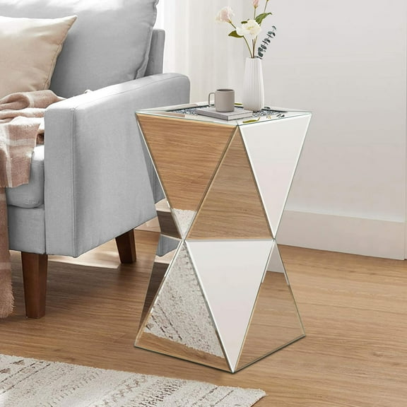 Pregaspor Silver Mirrored End Table, Crushed Diamond Top Accent Side Table, Geometric Small Mirrored Coffee Table for Living Room, Bedroom, Corner, Small Space
