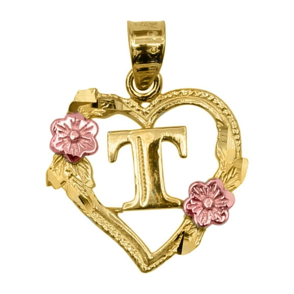 14k Two-tone Gold Flower and Heart-shaped Initial 'T' Pendant