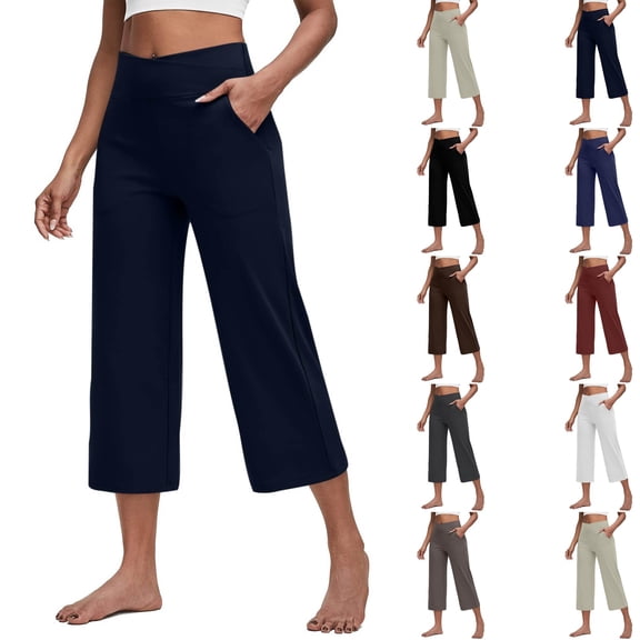 Yoga Capris for Women Wide Leg Capri Pants Soft Stretch Crossover High Waist Gym Workout Capri Leggings 2026 Navy XL