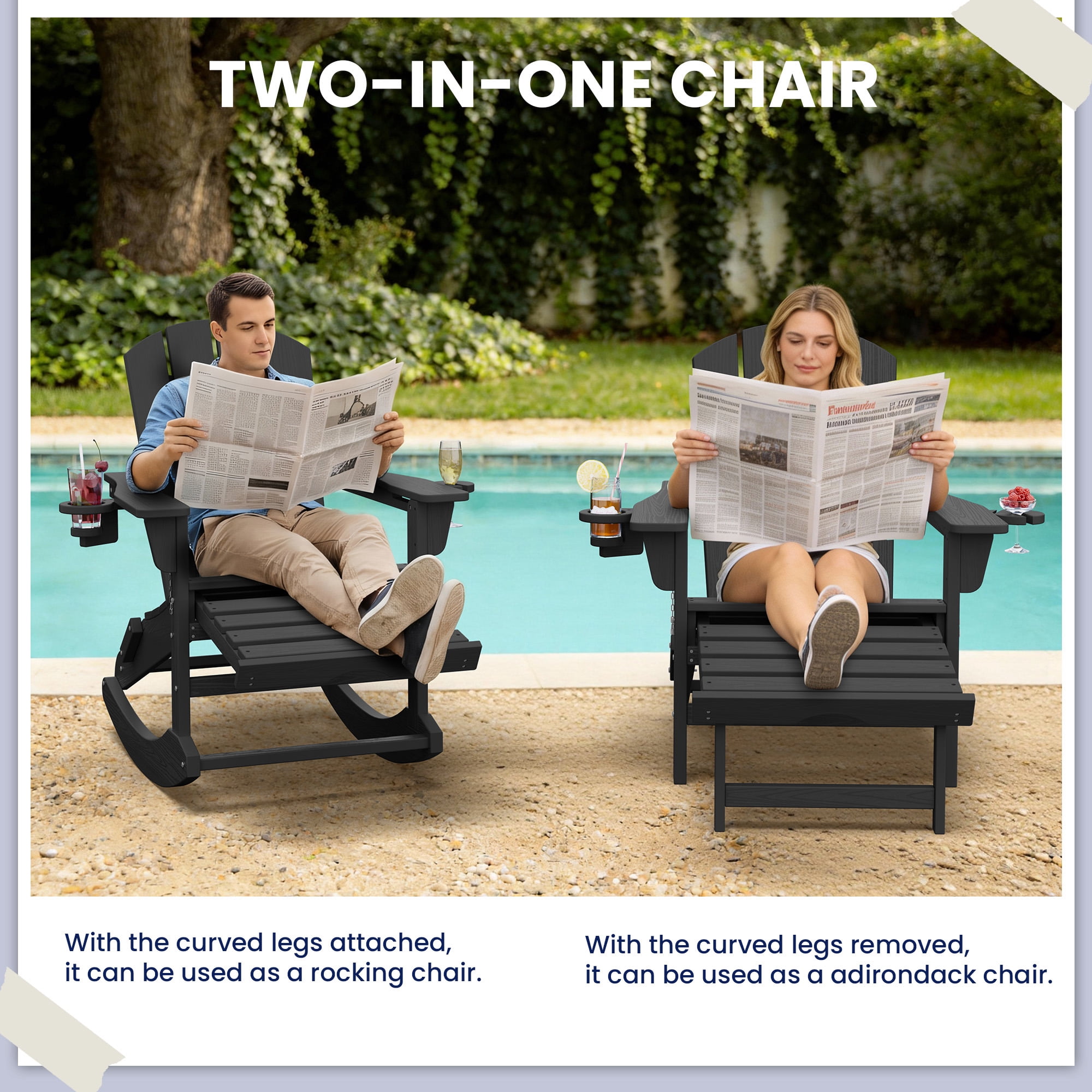 KINGYES Adirondack Rocking Chair Set of 2 with Retractable Ottoman and Cup Holders, HDPE Adirondack Rocker, Patio Rocking Chair for Porch, Patio, Black