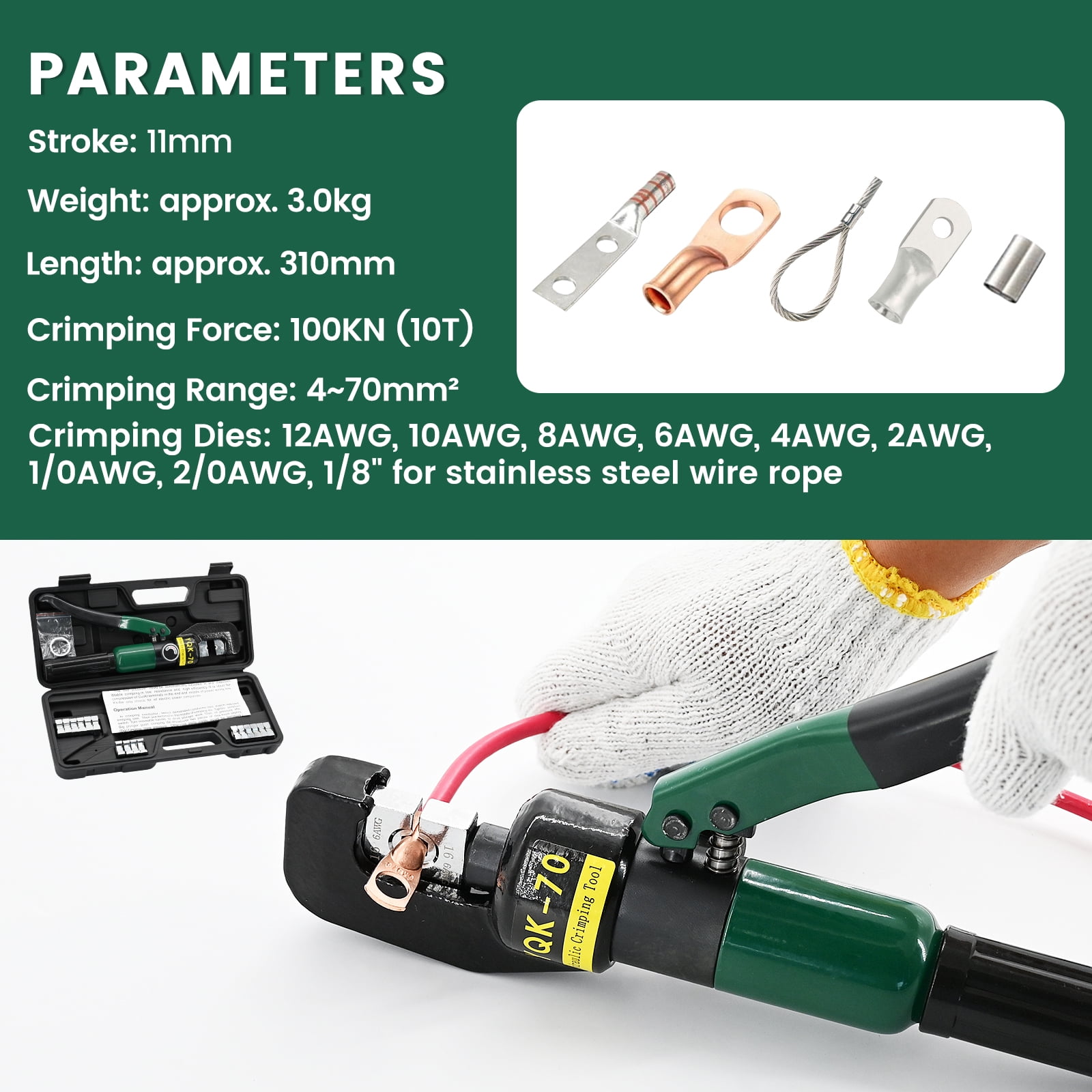LCyindu 10T Hydraulic Crimping Tool 12 AWG to 2/0 AWG Battery Cable Crimper Tool Hydraulic Lug Crimper Electrical Terminal Wire Crimper with 9 Pairs of Dies Kit, Green