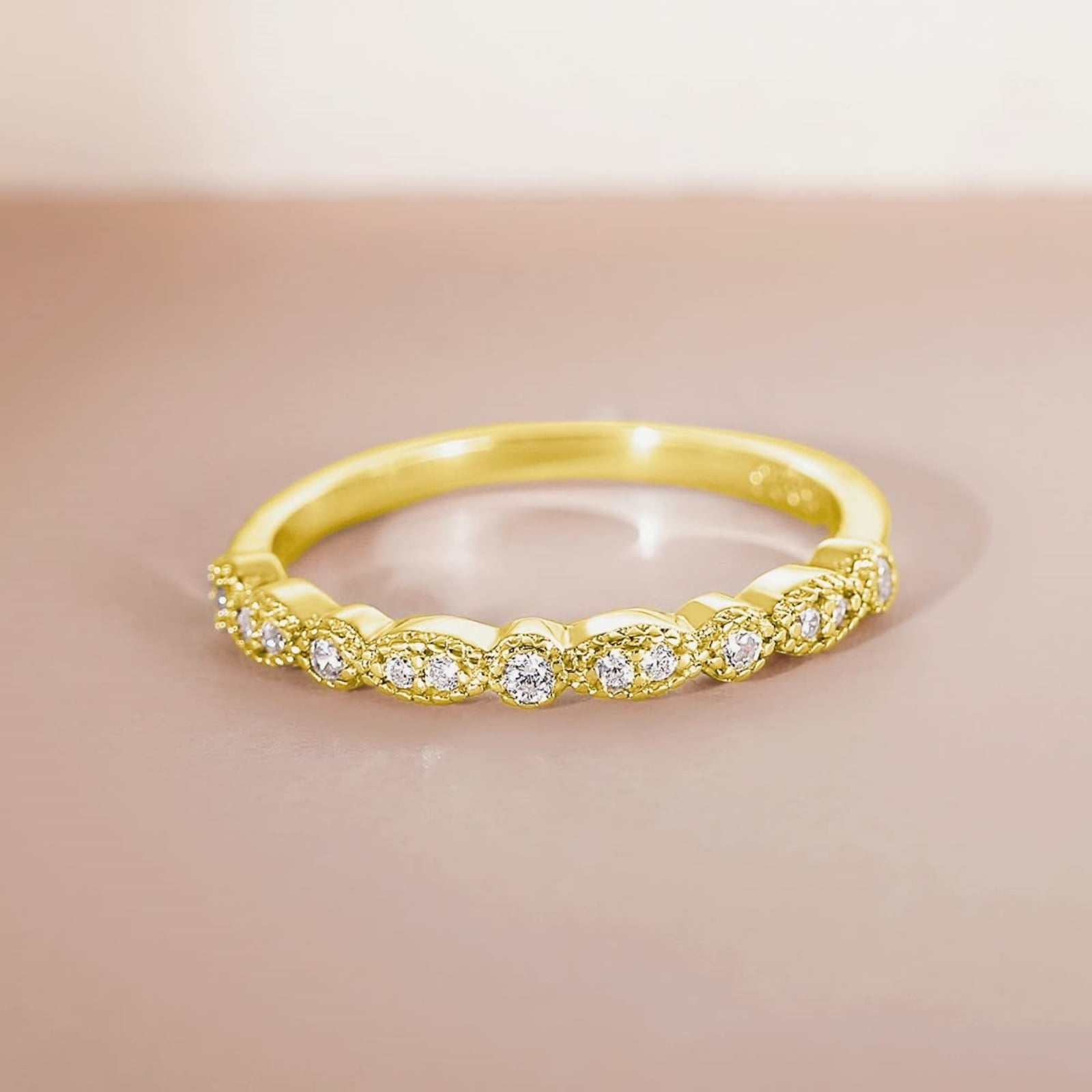 SFTING S925 Sterling Silver Wedding Band for Women Cubic Zirconia Milgrain Marquise & Round Half Eternity Stackable Ring Gold Size 7