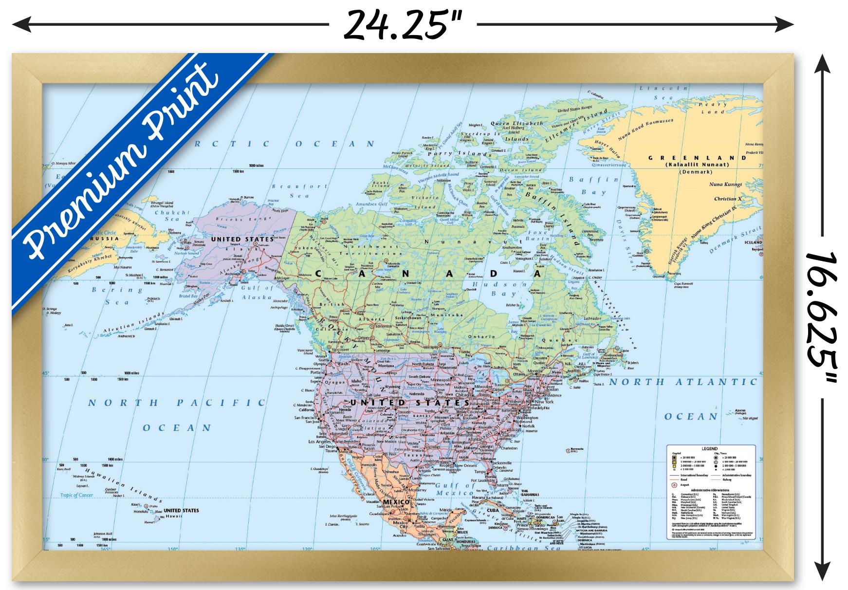 North America Map 2023 Wall Poster, 14.725" x 22.375" Framed