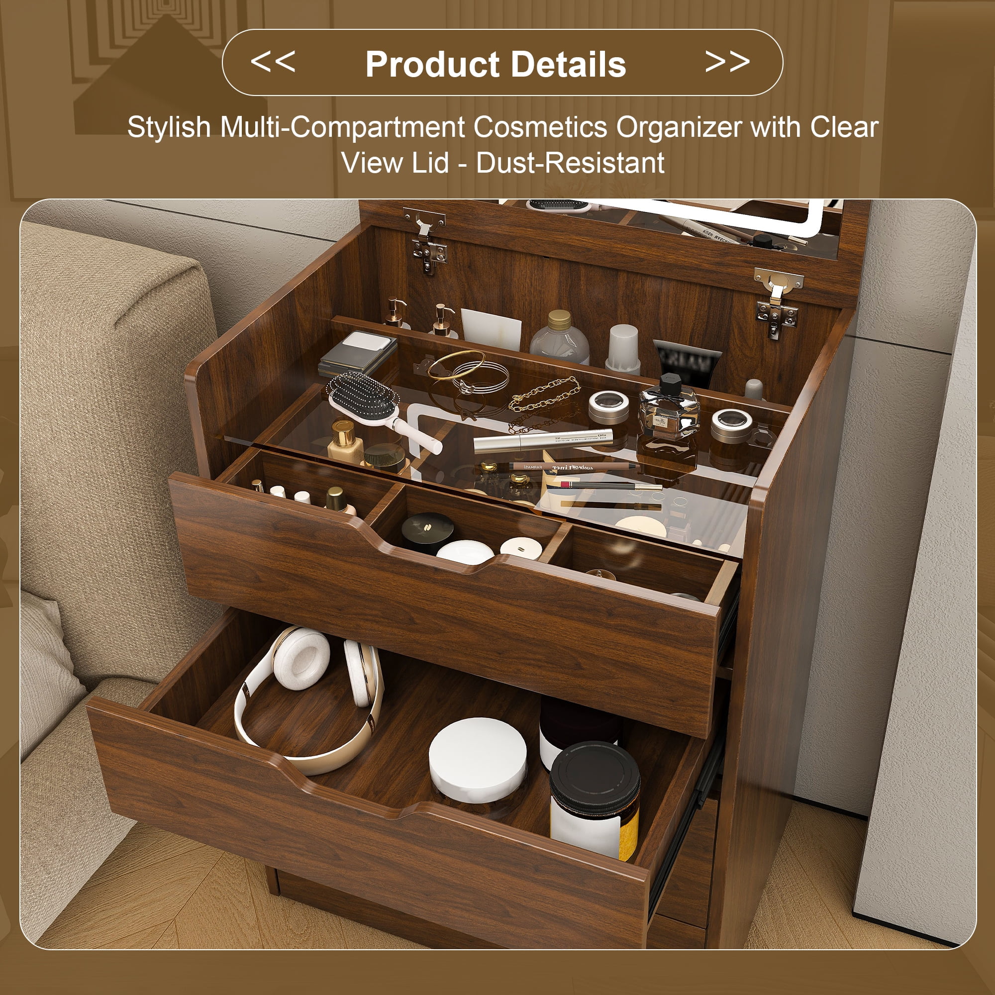 Jopath 3-in-1 Vanity Desk with Mirror & LED Lighted,23.62" W Flip Top Makeup Dressing Table with 4 Drawers for Bedroom,Walnut