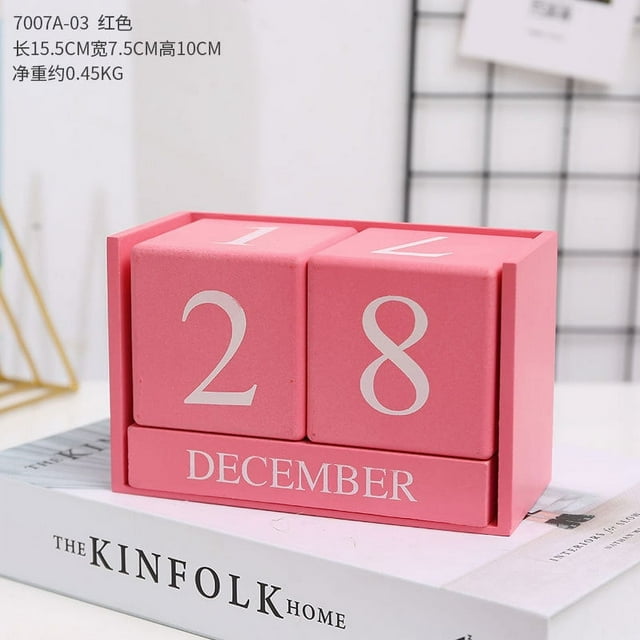 Vintage Wooden Calendar, Chic Blocks Desktop Perpetual Calendar, Time Concept Rustic Wooden Cubes Calendar Month Date Display Home Office Decoration (Pink)