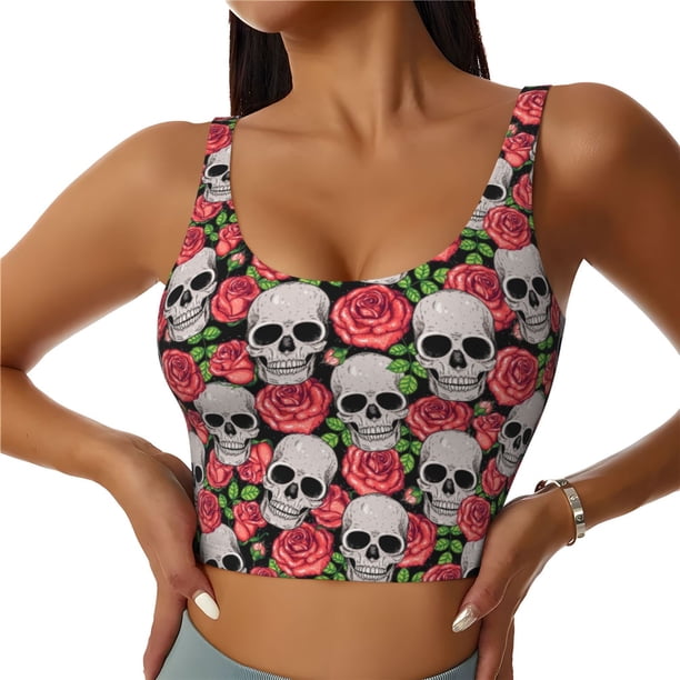 Fotbe Skull and Roses Sujetador Deportivo Largo sin Aros para Mujer con Almohadillas y Soporte Medio, Transpirable y Absorbente, Camiseta Tipo Chaleco o Tank Top-XX-Large