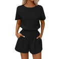 thumbnail image 3 of Fashion Plus Size Two Piece Sets For Women Summer Solid Color Casual Round Neck Short Sleeved Top Wide Leg Shorts Set, 3 of 9